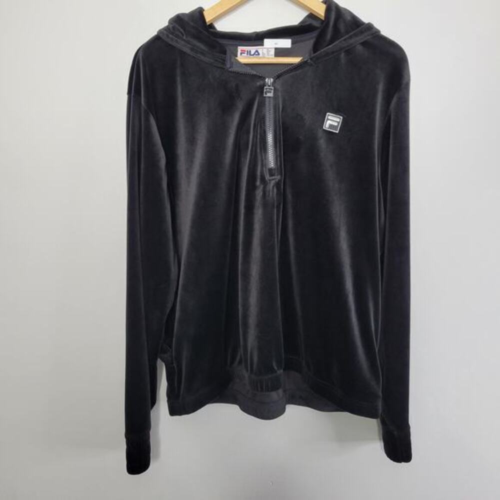 Fila Womens Velour Hoodie XXL Black Sweatshirt Athleisure Tracksuit Y2K
